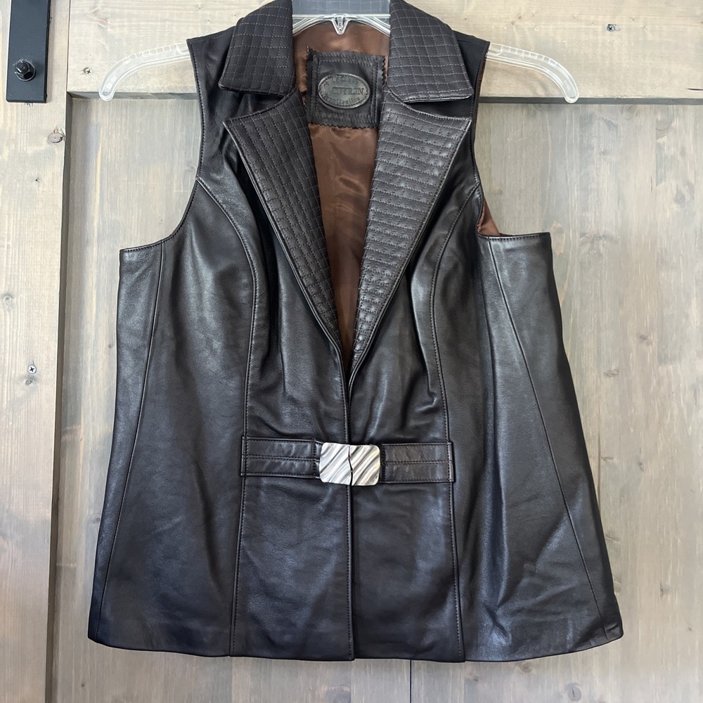 Vintage 80s Citrin Leather Vest Women's S/M Brown Quilted Lapels Mob Wife
